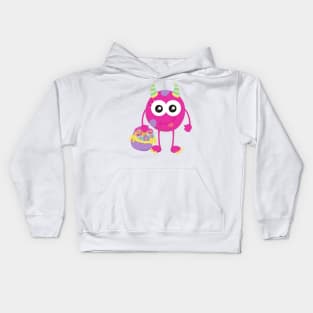 Spring Monster, Pink Monster, Horns, Flowers Kids Hoodie